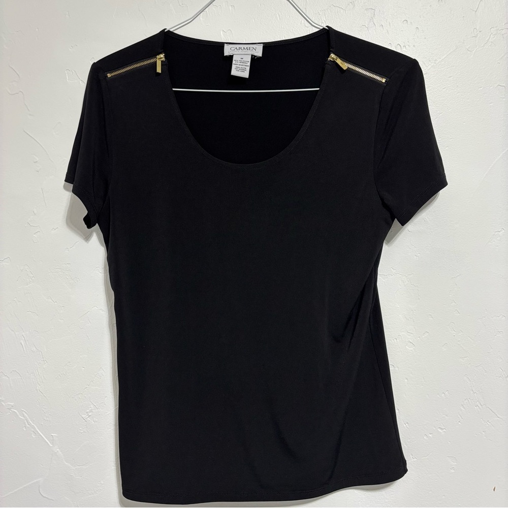 Carmen Marc Valvo Women's Medium Short Sleeve Top Basic Black Zipper Accent